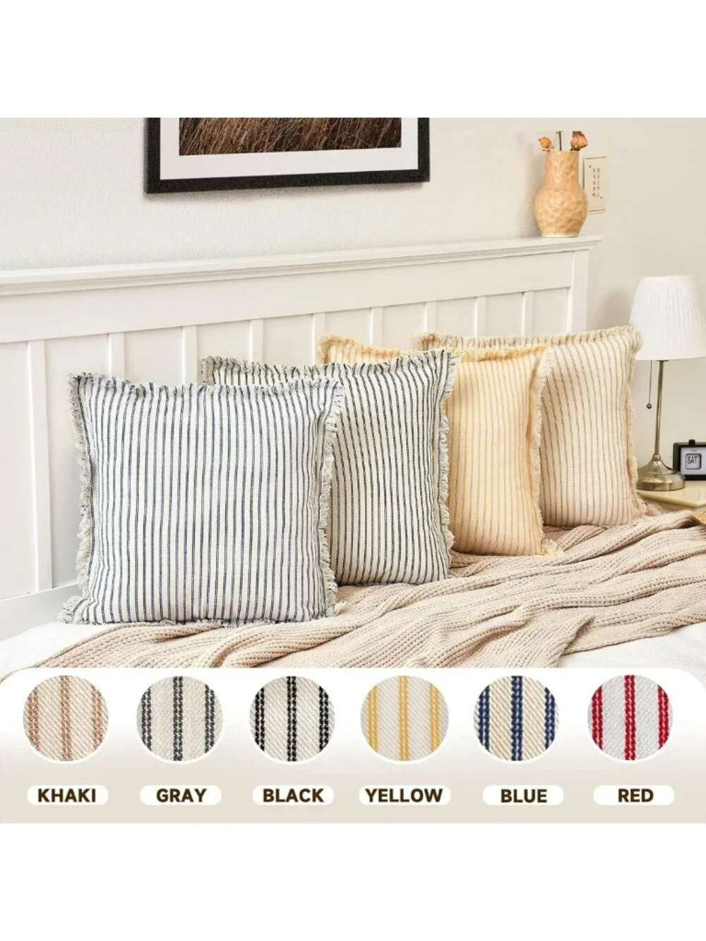 Chic Striped Throw Pillow Covers 24x24 Set of 2 with Fringe for Sofa & Bed Decor